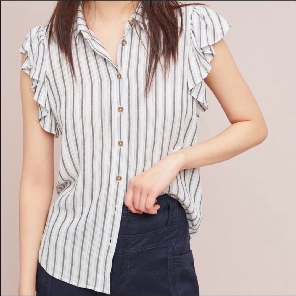 Anthro Maeve Fairhope Striped Button-down Ruffle Sleeve Top XL